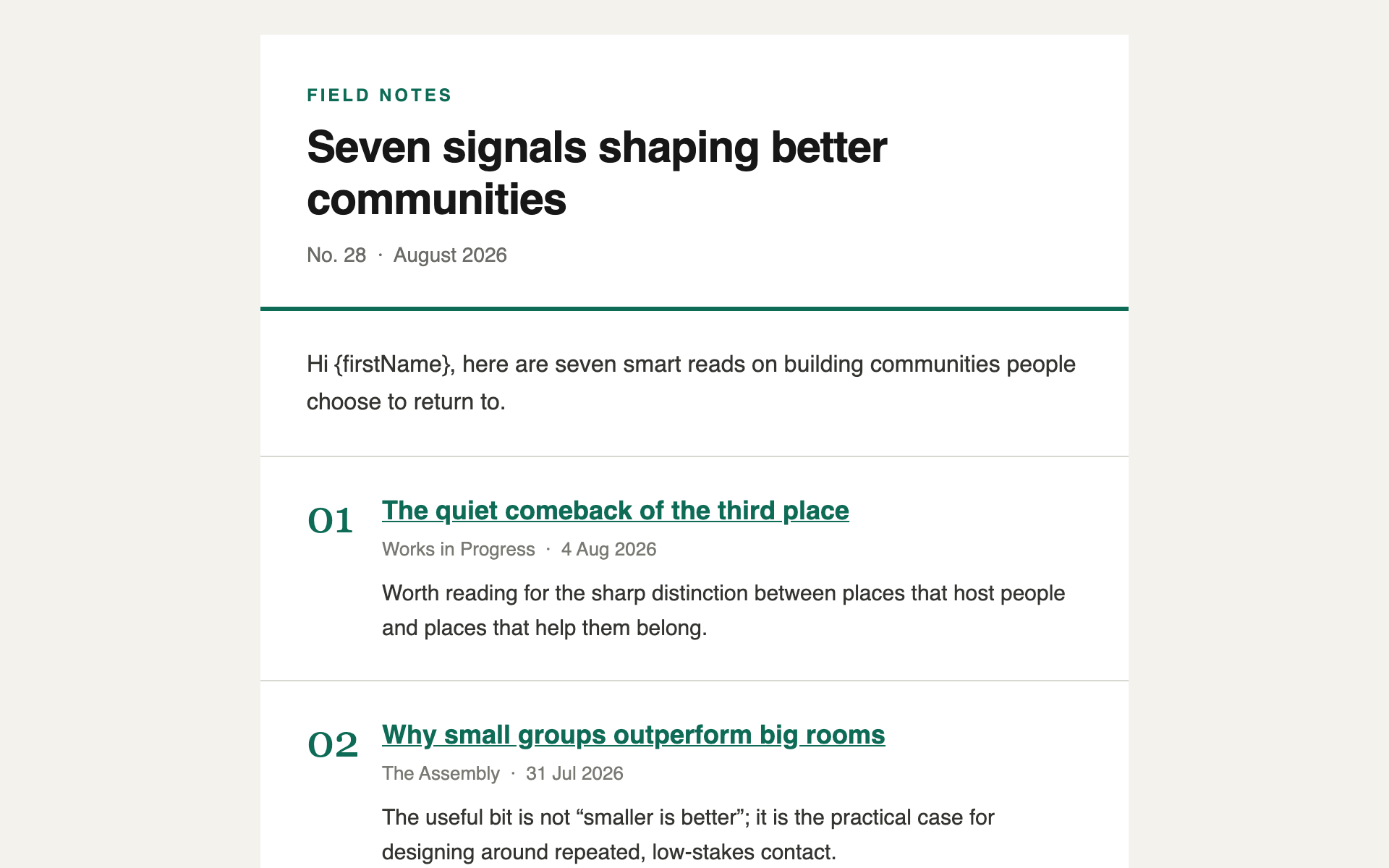 A rendered links digest email — numbered entries, each a bold headline with one line of commentary, no images.