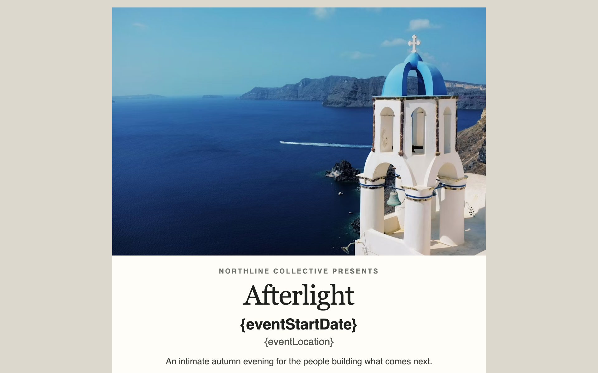 A rendered save-the-date email — a large hero image, the event name and date in large type, and a single centred button.