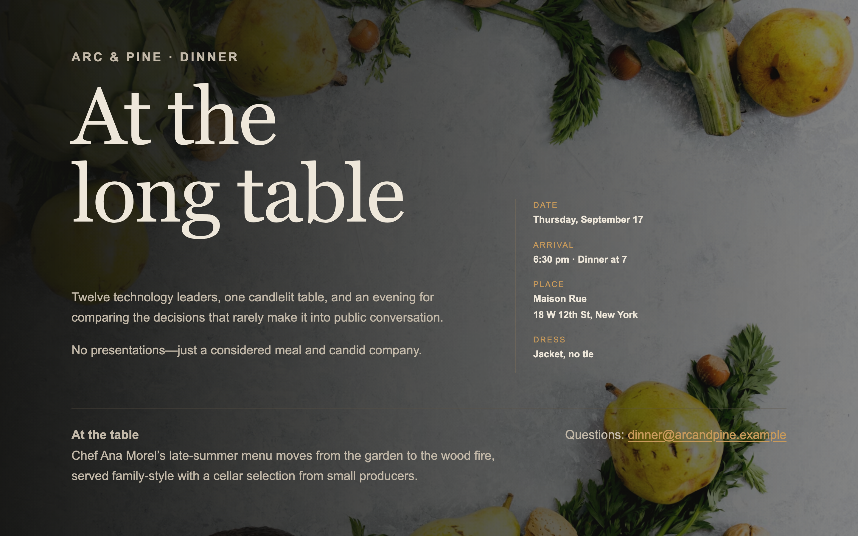 A single-screen executive dinner page — a full-bleed venue photograph, the date and restaurant, and a short menu note.