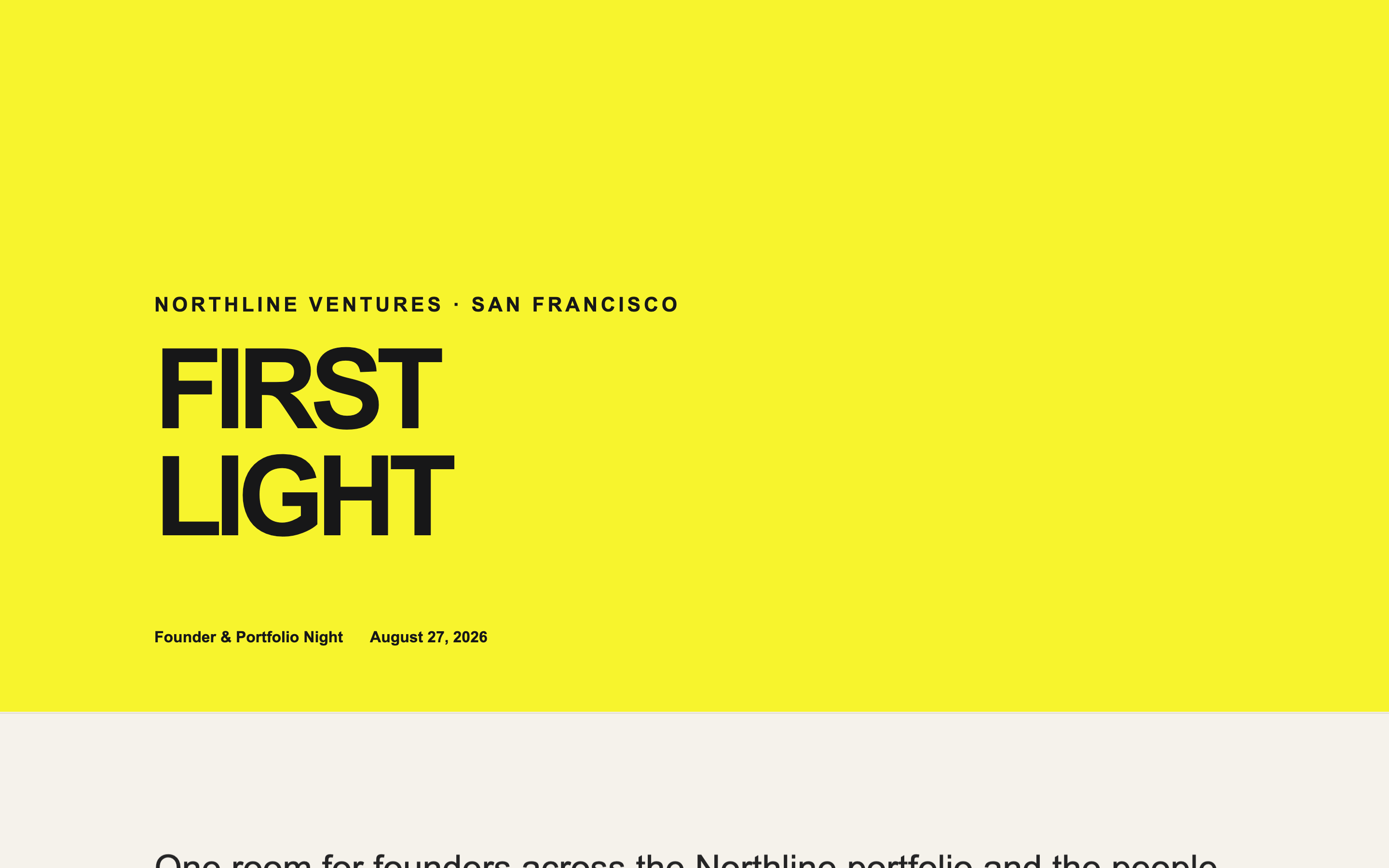 A founder night landing page with a bold typographic hero, a portfolio company logo wall, and a loose evening timeline.