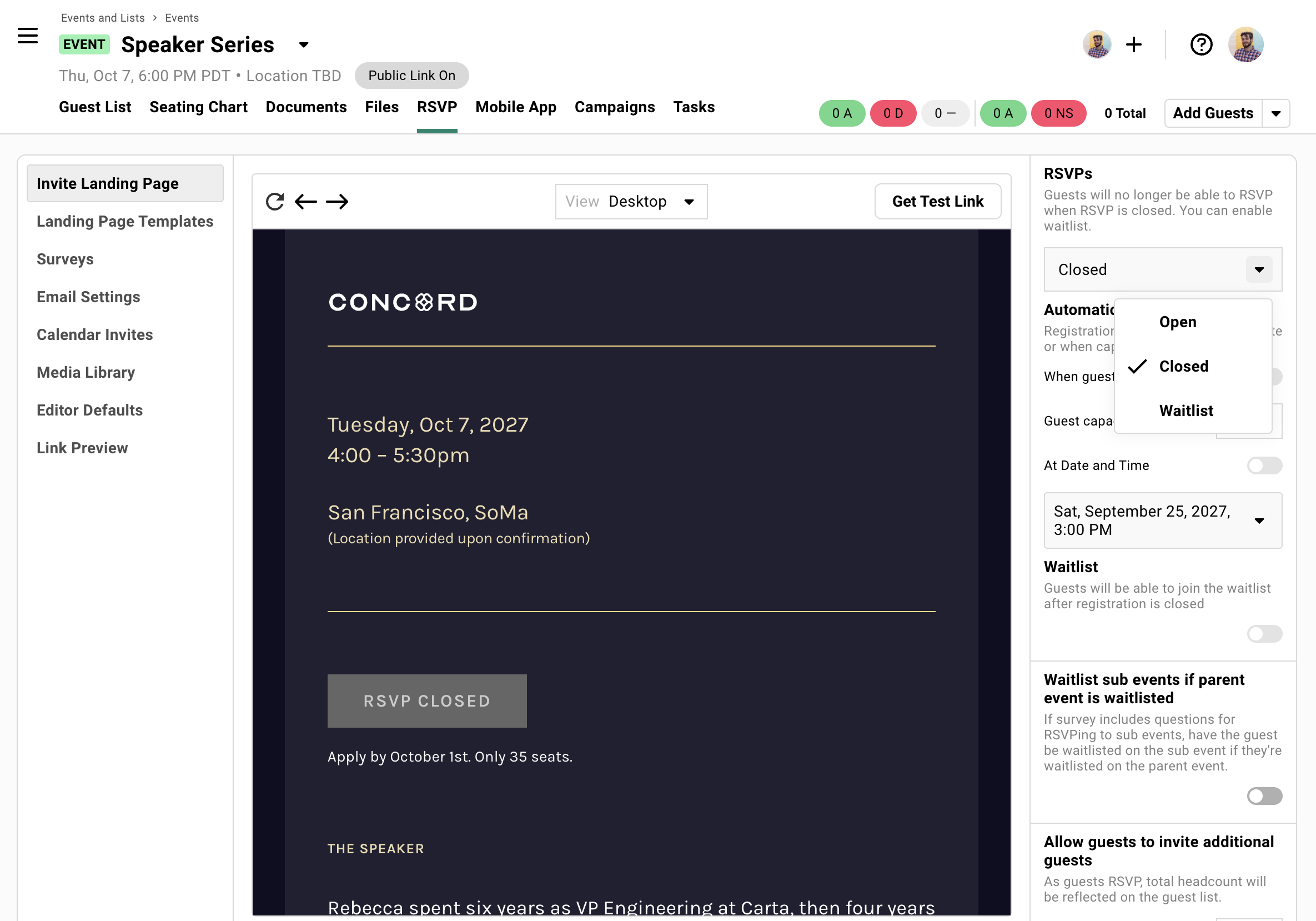 Setting your event to Closed