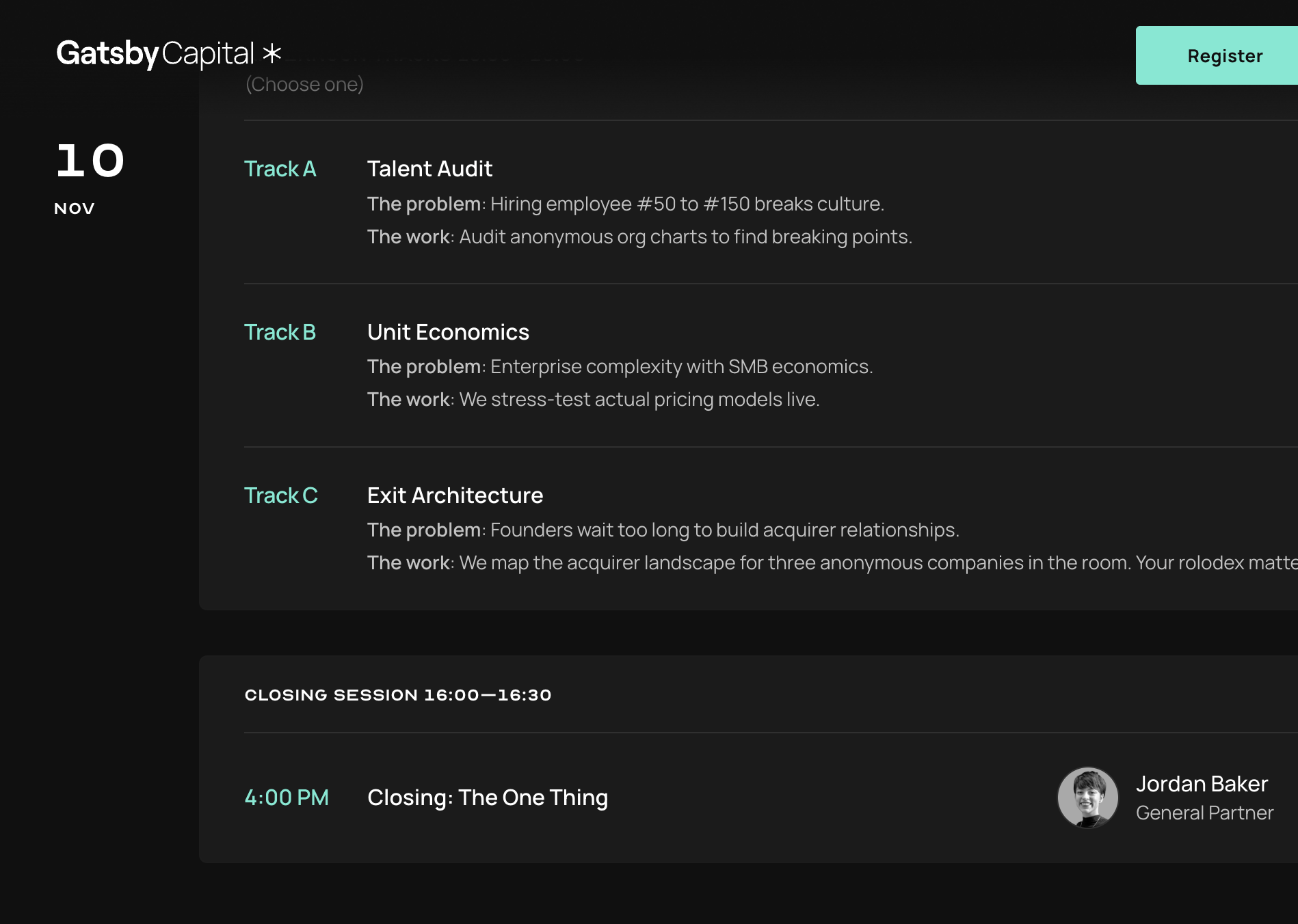 Screenshot from Gatsby showing the Events dashboard, different events listed.