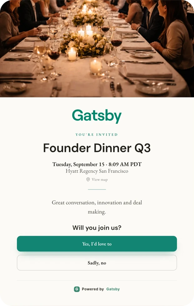 The Dinner template carrying a banner photograph of a candlelit dinner table across the top, above the host wordmark, You're invited, Founder Dinner Q3, the date, the venue with a View map link, a short note, and the accept and decline buttons.