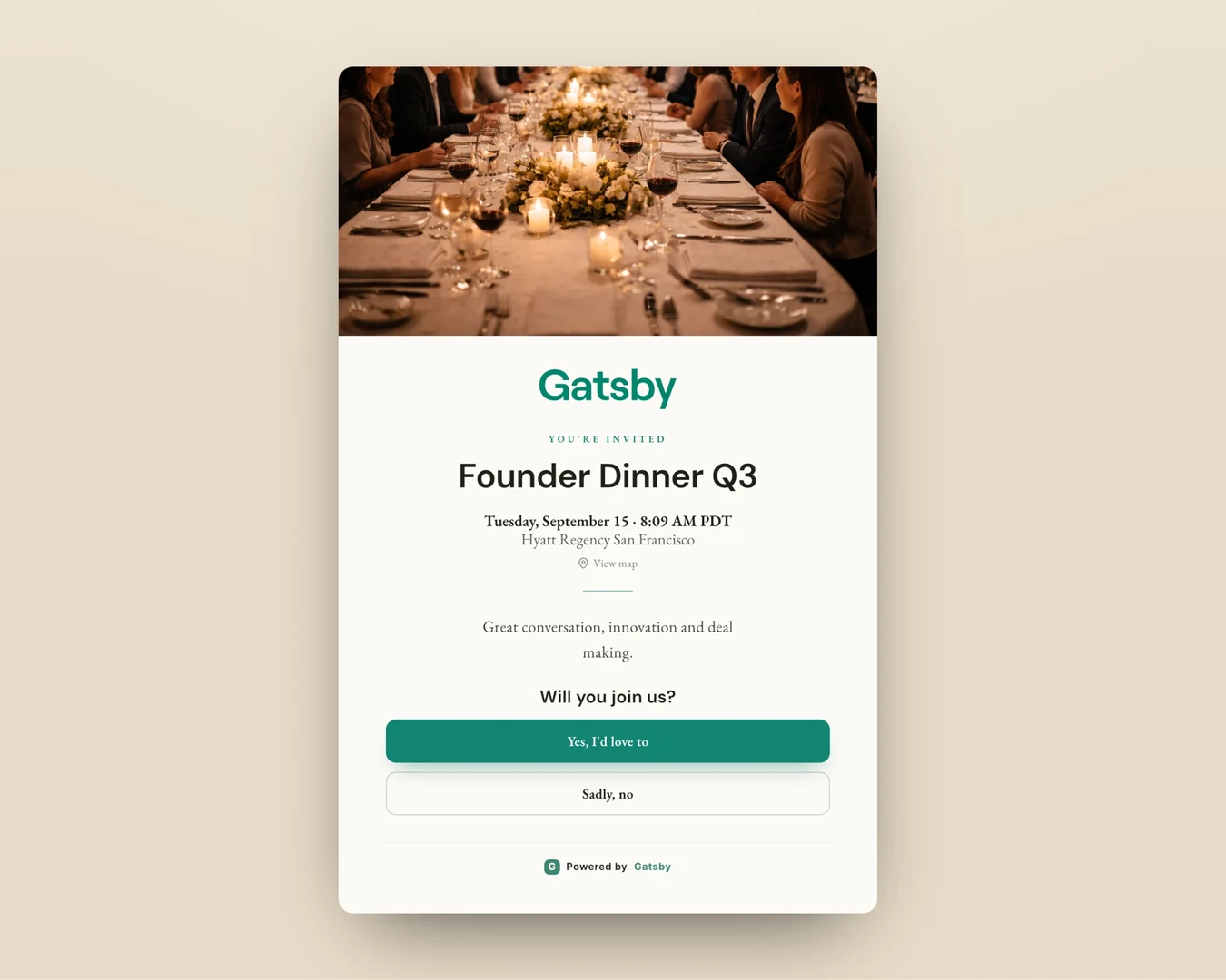 A Quick Event guest page on the Dinner template, opening with a banner photograph of a candlelit dinner table, then the host wordmark, You're invited, the event name, the date and time with timezone, the venue with a View map link, a short note, and the accept and decline buttons above a Powered by Gatsby mark.