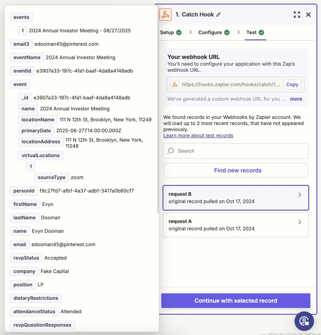 Screenshot from Zapier showing received webhook data with field names